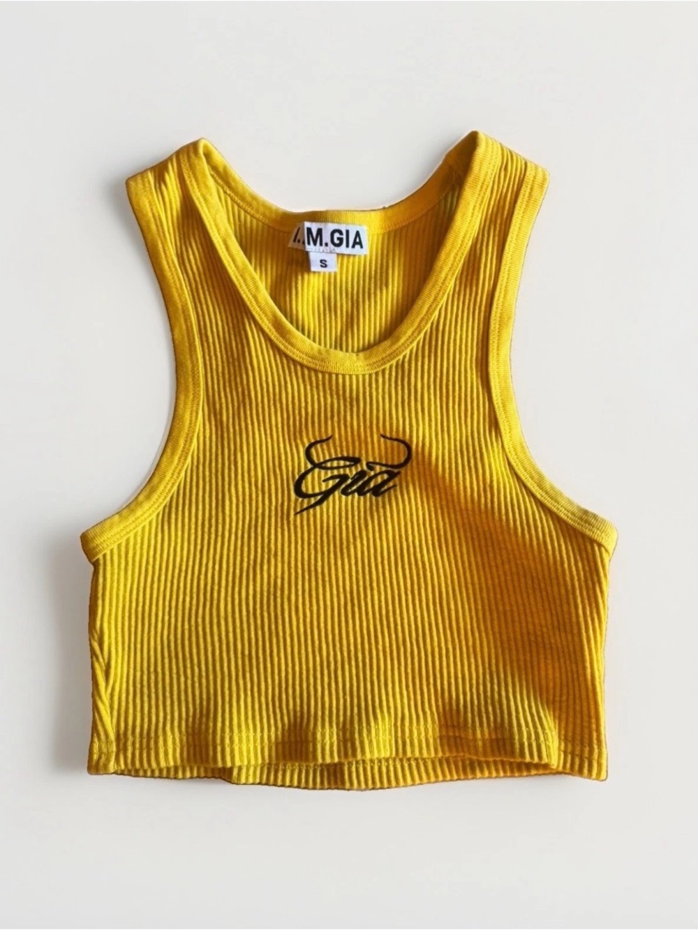 I.AM.GIA Mustard Ribbed Logo Crop Tank